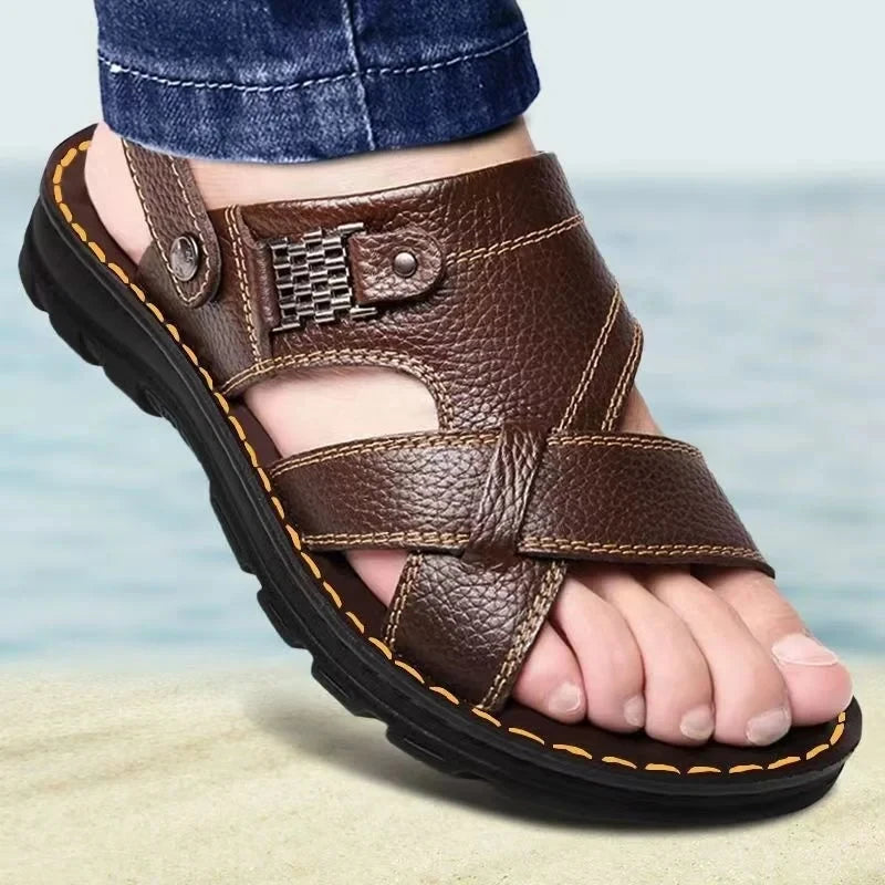 Sandalias de cuero auténtico para hombre, antideslizantes y cómodas; calzado de verano para exteriores con suela gruesa, ideal para la playa.
