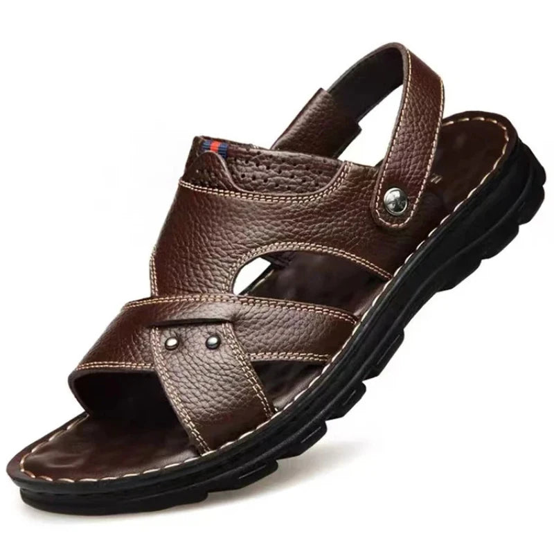 Sandalias de cuero auténtico para hombre, antideslizantes y cómodas; calzado de verano para exteriores con suela gruesa, ideal para la playa.