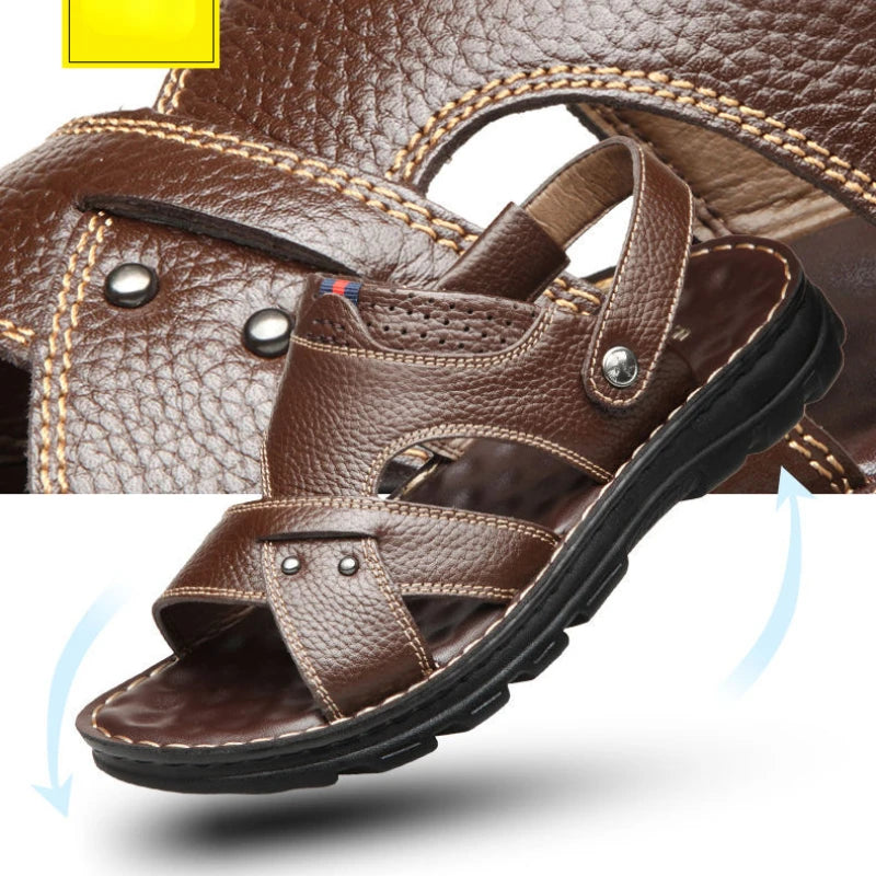 Sandalias de cuero auténtico para hombre, antideslizantes y cómodas; calzado de verano para exteriores con suela gruesa, ideal para la playa.