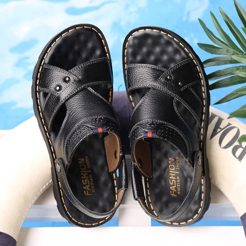 Sandalias de cuero auténtico para hombre, antideslizantes y cómodas; calzado de verano para exteriores con suela gruesa, ideal para la playa.
