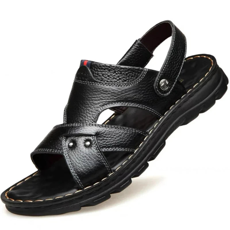 Sandalias de cuero auténtico para hombre, antideslizantes y cómodas; calzado de verano para exteriores con suela gruesa, ideal para la playa.
