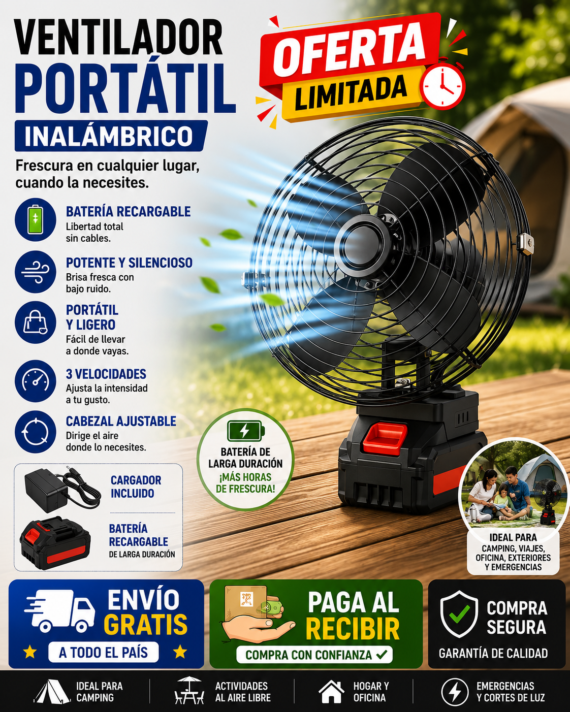 VENTILADOR PORTATIL CON BATERIA RECARGABLE