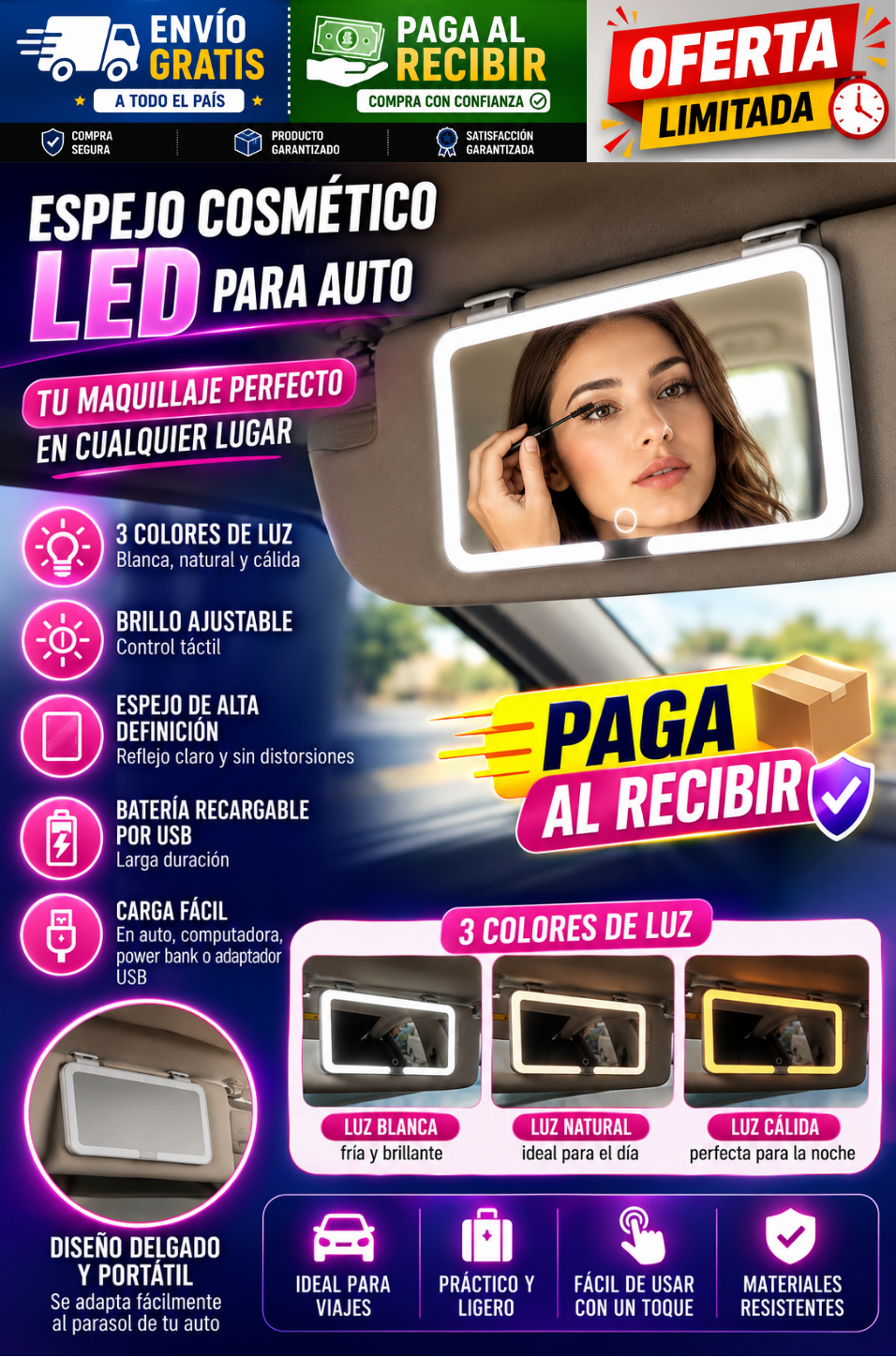 ESPEJO DE MAQUILLAJE CON LUZ LED PARA CARRO