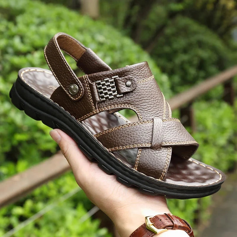 Sandalias de cuero auténtico para hombre, antideslizantes y cómodas; calzado de verano para exteriores con suela gruesa, ideal para la playa.
